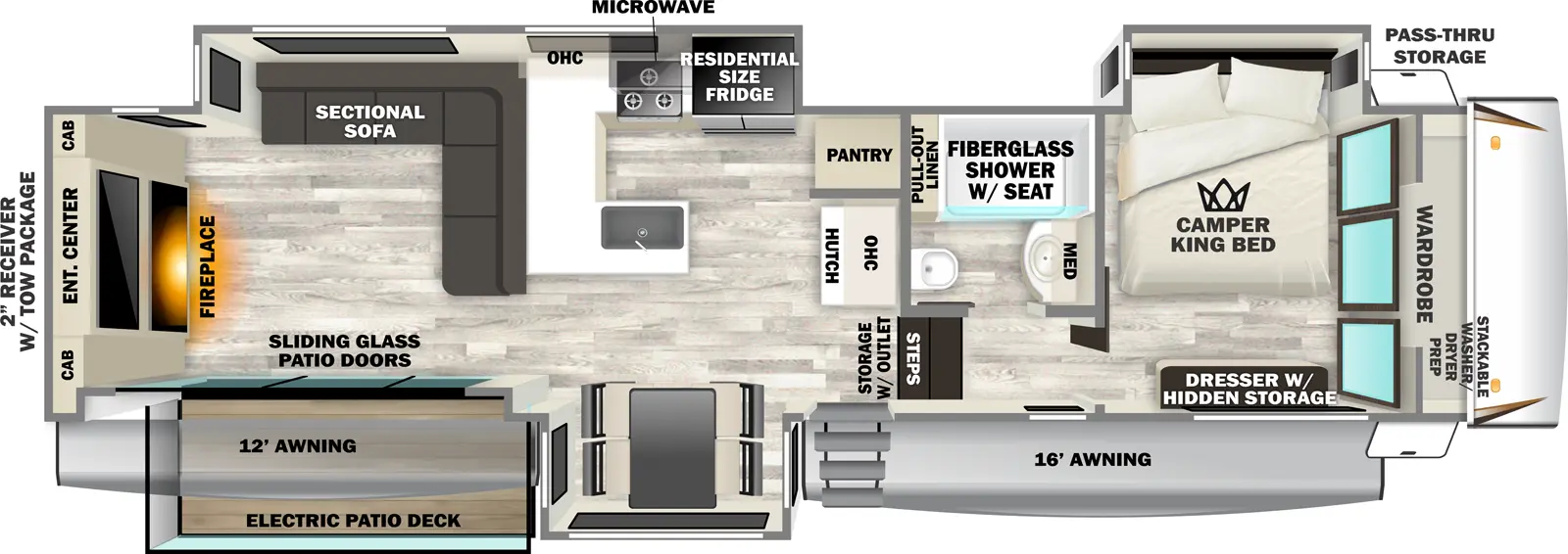 The Sabre 33RLP floorplan has one entry and three slide outs. Exterior features include: fiberglass exterior and 12' & 16' awning. Interiors features include: free-standing dinette option, front bedroom and rear living.